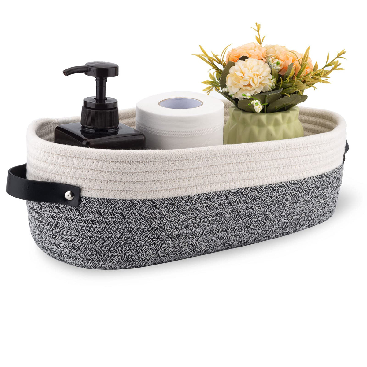 Woven Cotton Rope Toilet Tank Basket, Navy and White