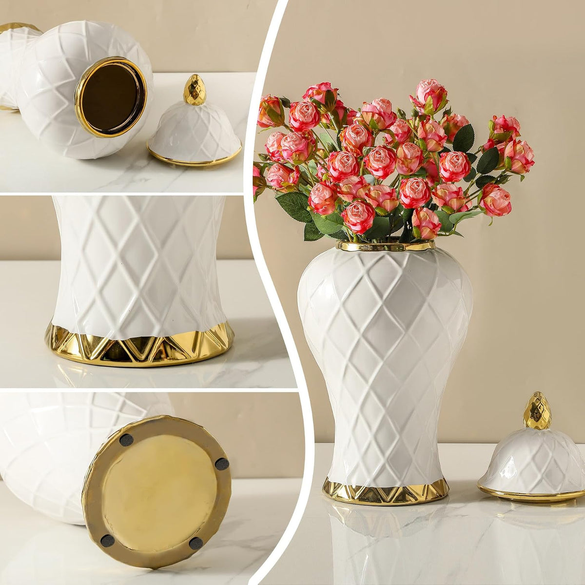 White and Gold Ceramic Ginger Jar, 12 to 18 Inch