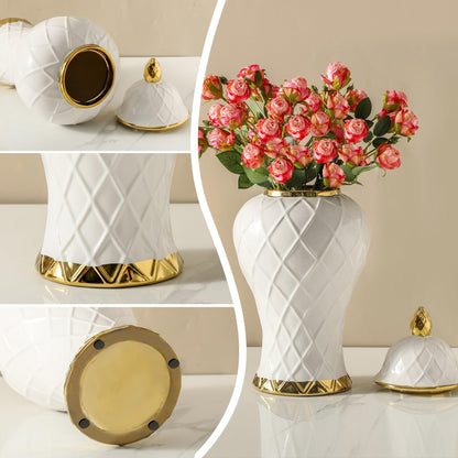 White and Gold Ceramic Ginger Jar, 12 to 18 Inch