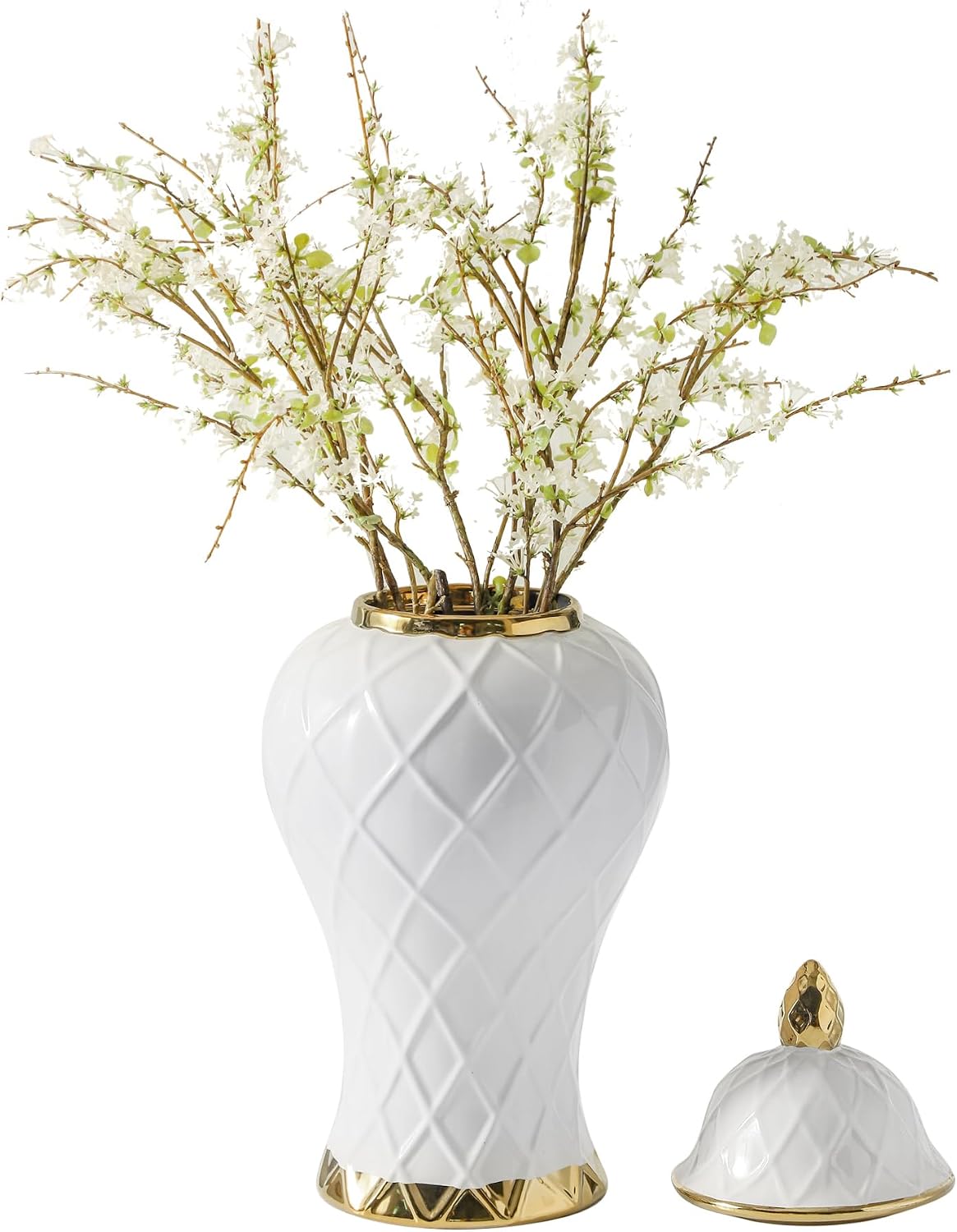 White and Gold Ceramic Ginger Jar, 12 to 18 Inch