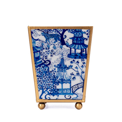 Blue and White Enamel Cachepot, 4 Inch