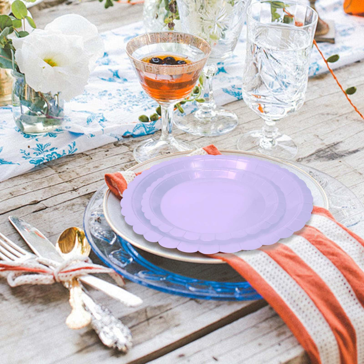 White Scalloped Paper Plates, Royal Blue Trim, 50 Pack