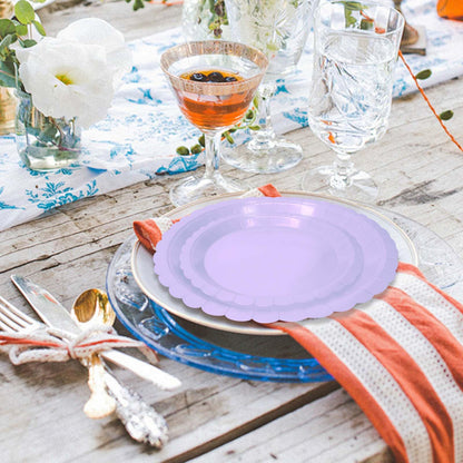 White Scalloped Paper Plates, Royal Blue Trim, 50 Pack