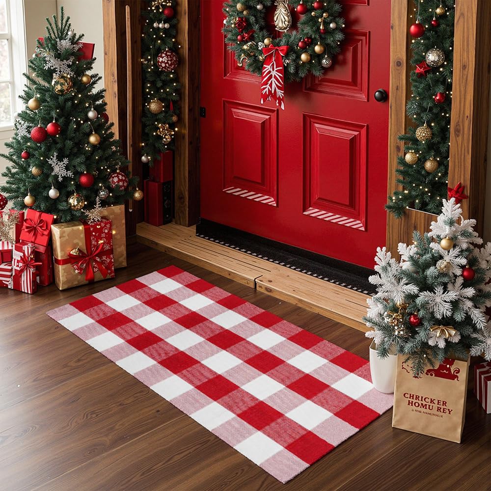 MUBIN Blue White Plaid Cotton Rug, 27.5x43