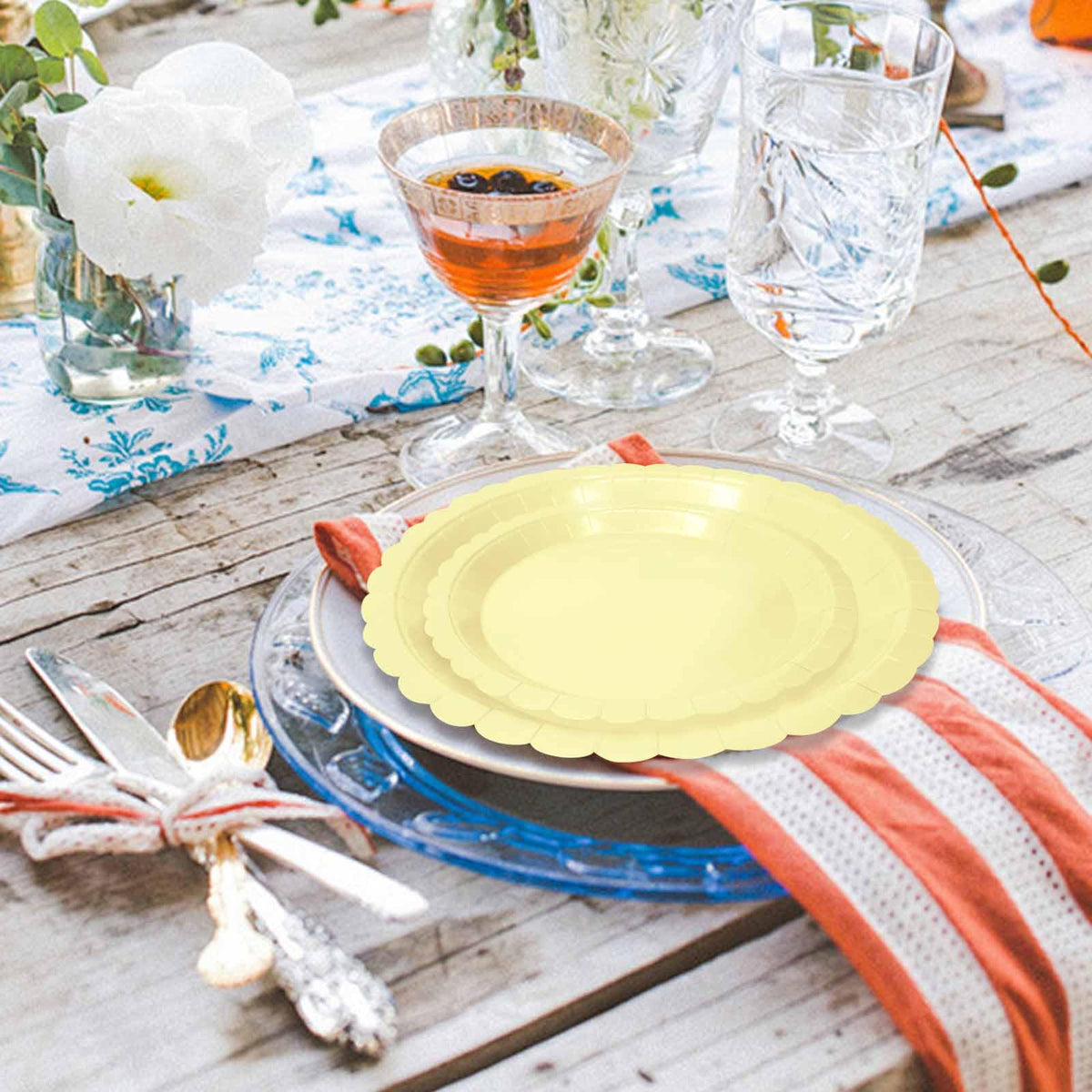 White Scalloped Paper Plates, Royal Blue Trim, 50 Pack