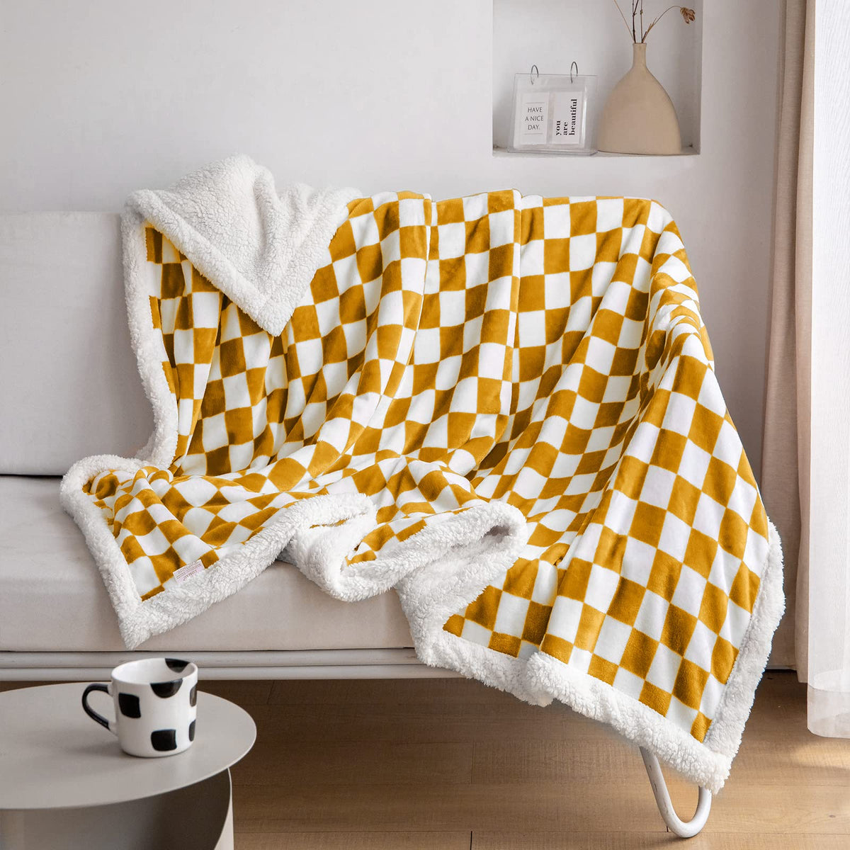 Navy Checkered Sherpa Throw Blanket
