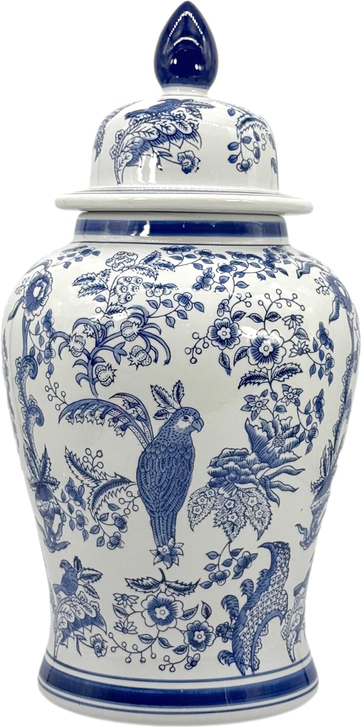 Large 25 Inch Blue and White Chinoiserie Temple Jar
