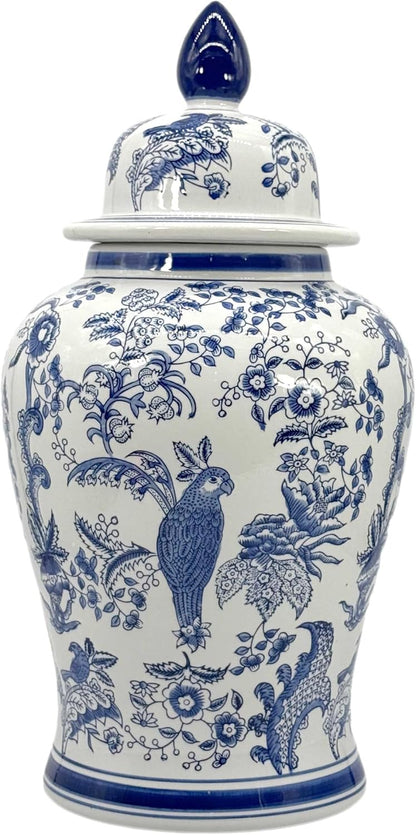 Large 25 Inch Blue and White Chinoiserie Temple Jar