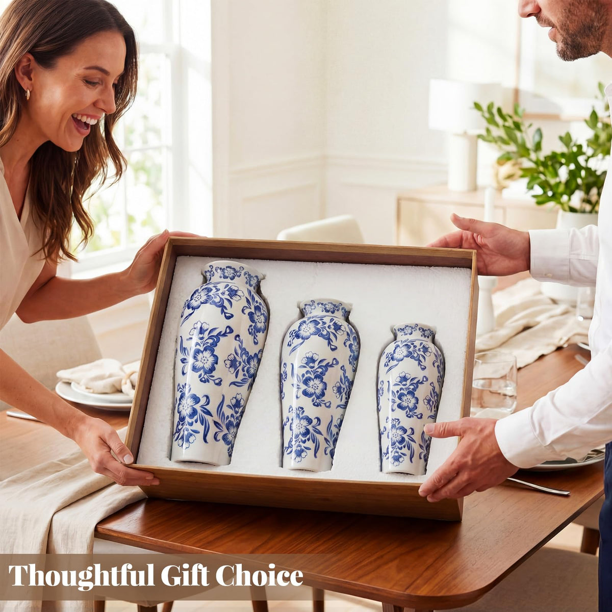 Set of 3 Blue and White Chinoiserie Vases