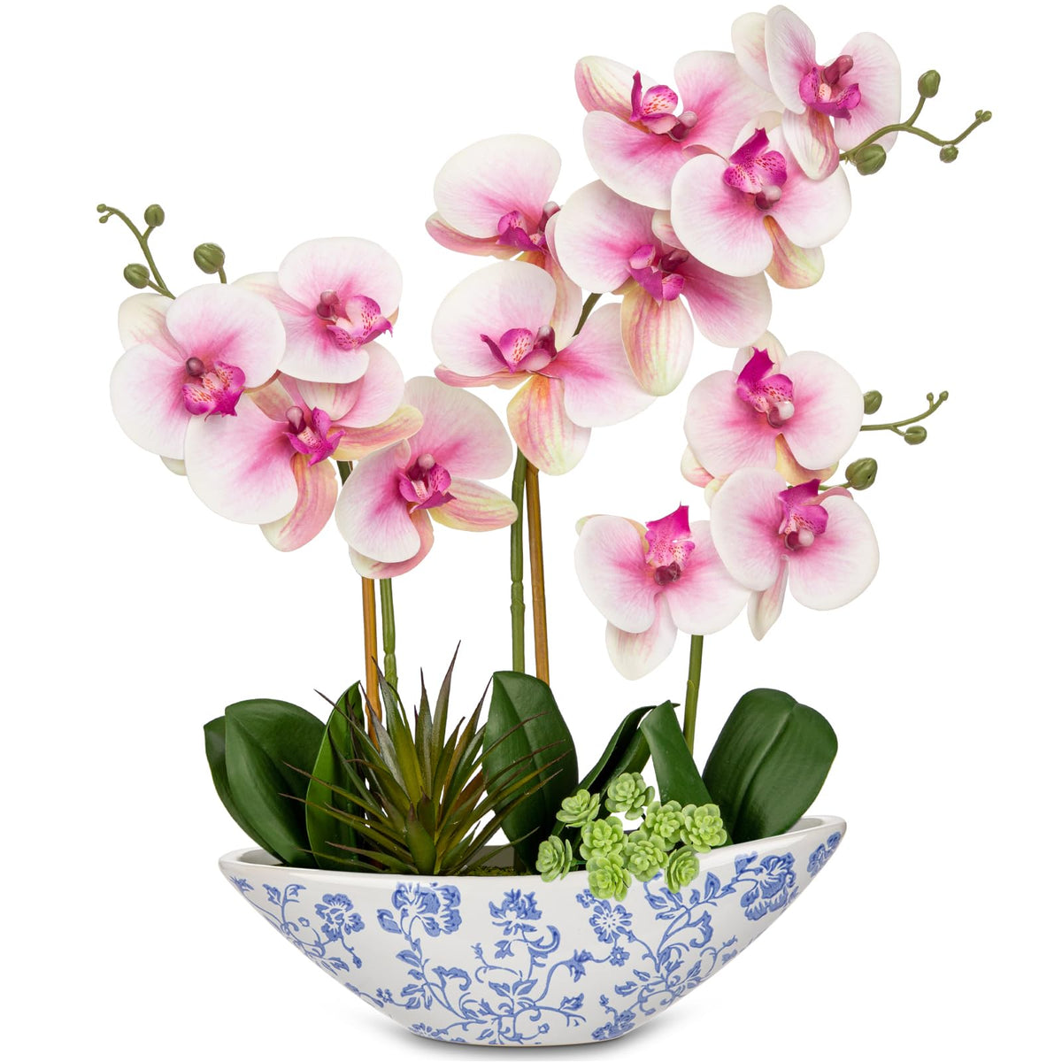 Briful Faux Orchid in Blue and White Boat Vase