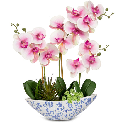 Briful Faux Orchid in Blue and White Boat Vase
