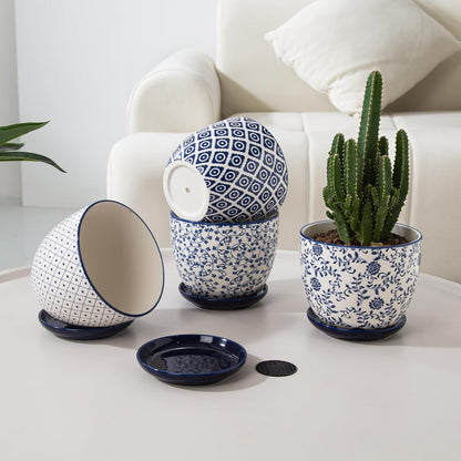 Vintage Blue Succulent Pots with Saucers, Set of 4