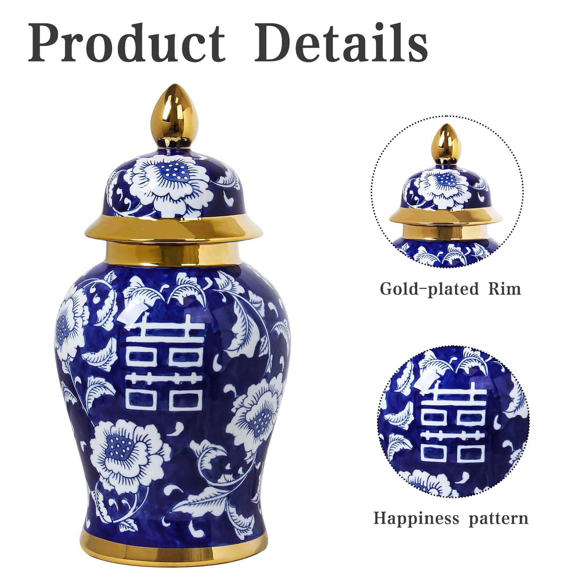 Blue and White Ginger Jar with Gold Trim, 14 Inch