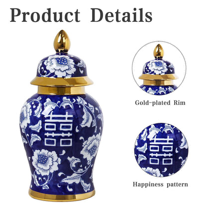 Blue and White Ginger Jar with Gold Trim, 14 Inch