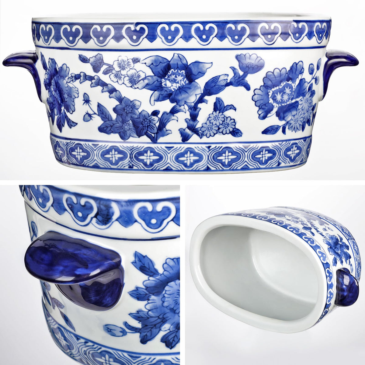 Blue Floral Oval Ceramic Cachepot, 10.6 in