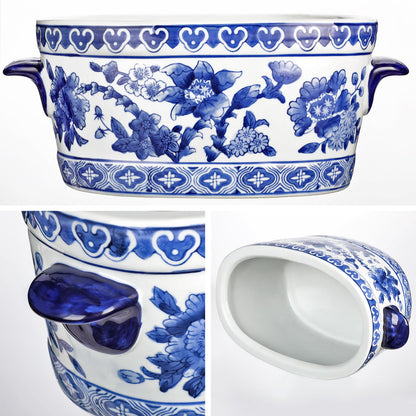 Blue Floral Oval Ceramic Cachepot, 10.6 in