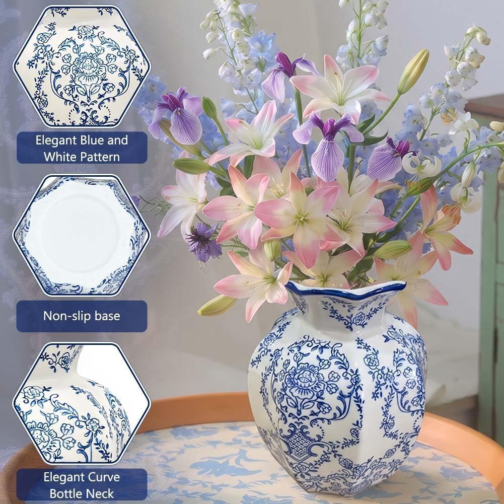 Blue and White Octagon Ceramic Vase, 2 Sizes