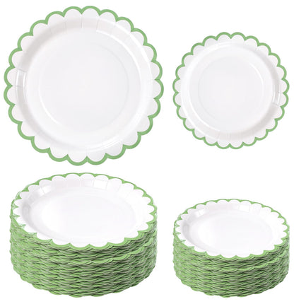 White Scalloped Paper Plates, Royal Blue Trim, 50 Pack