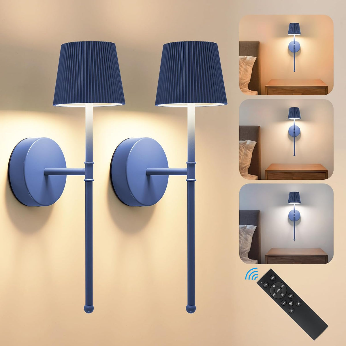 Blue Cordless Rechargeable Wall Sconces, Set of 2