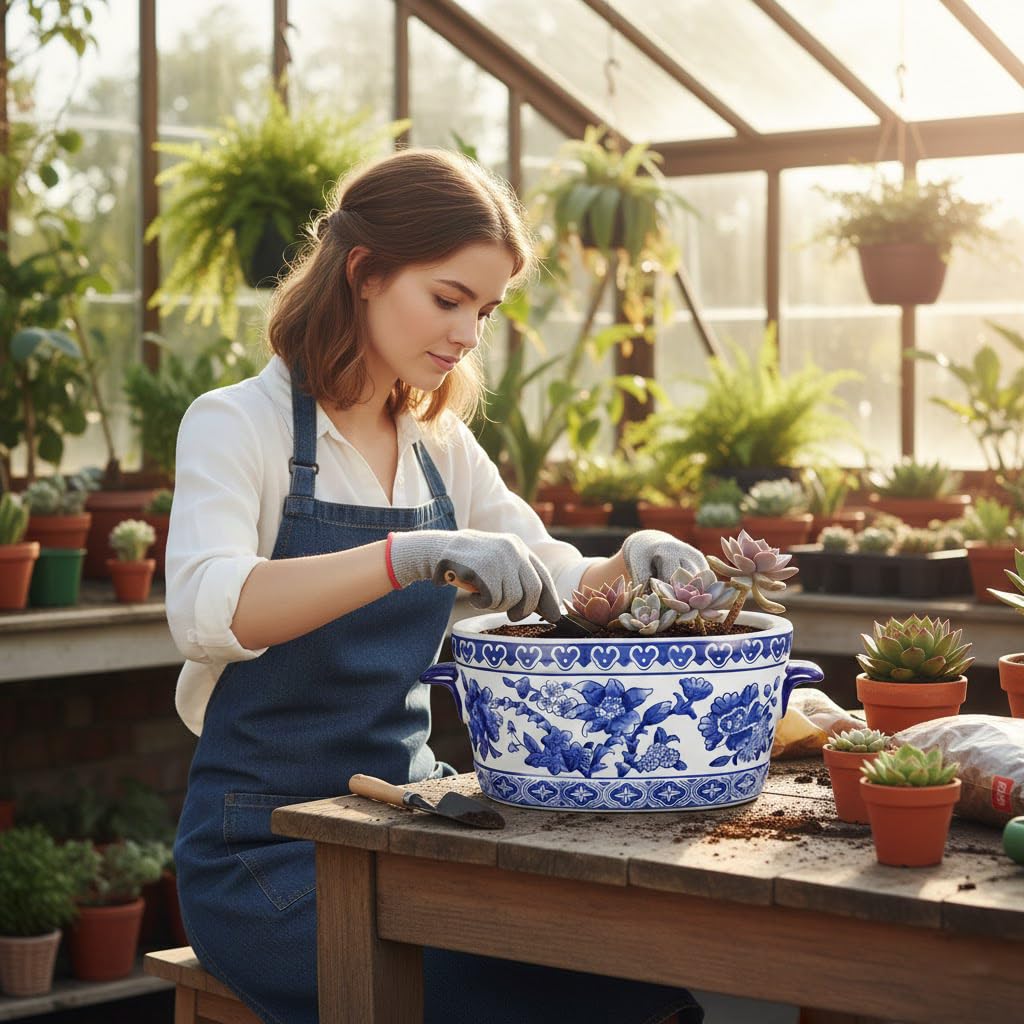 Blue Floral Oval Ceramic Cachepot, 10.6 in