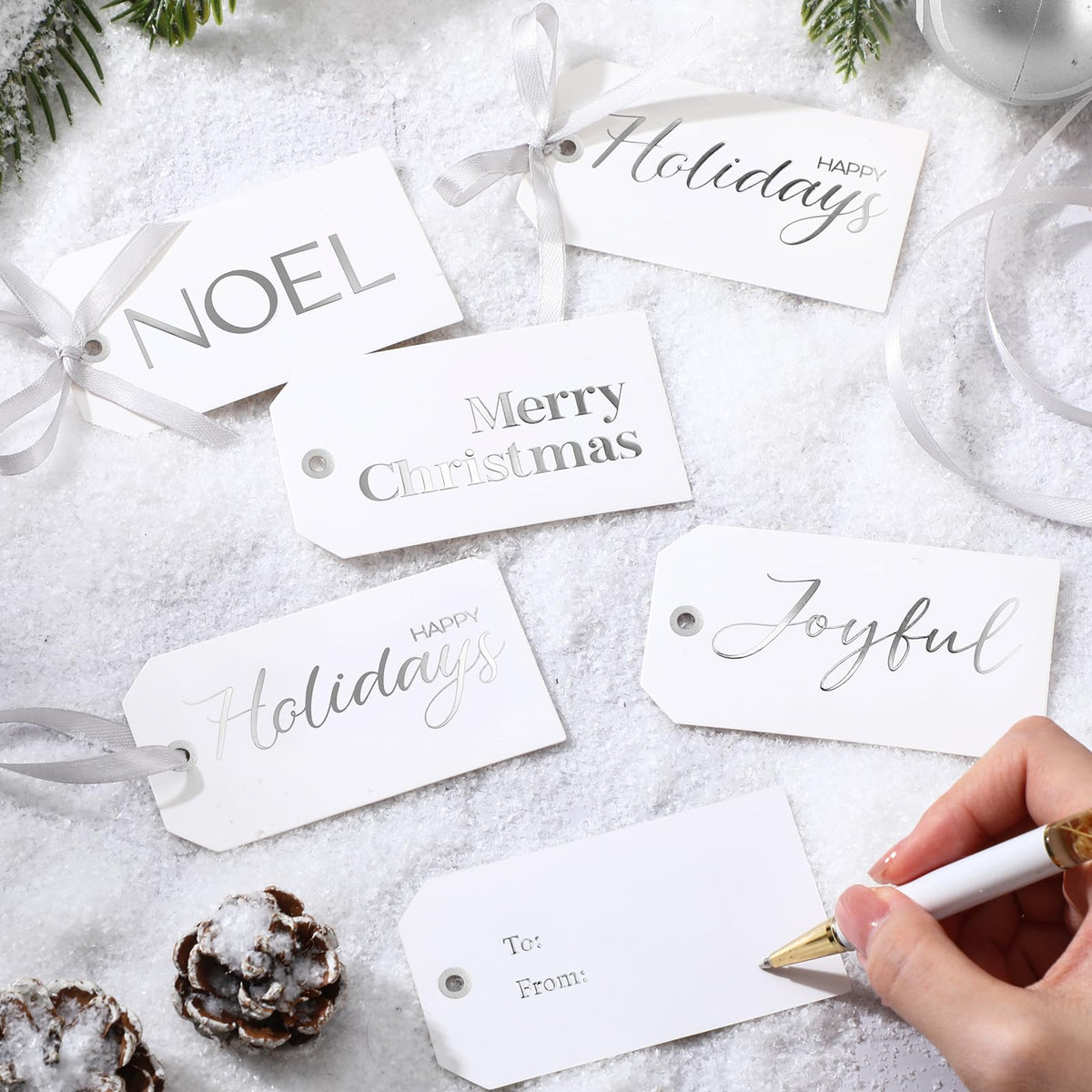 Christmas Gift Tags with Ribbon, 100 Pack, Blue and Silver