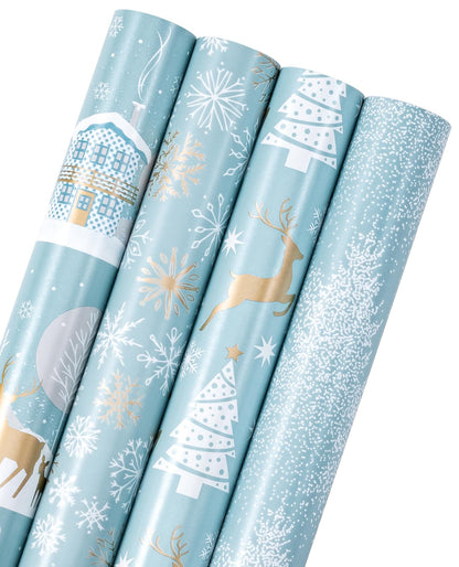 Christmas Wrapping Paper Rolls, Blue and Silver, 4 Rolls