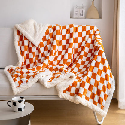 Navy Checkered Sherpa Throw Blanket