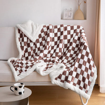 Navy Checkered Sherpa Throw Blanket