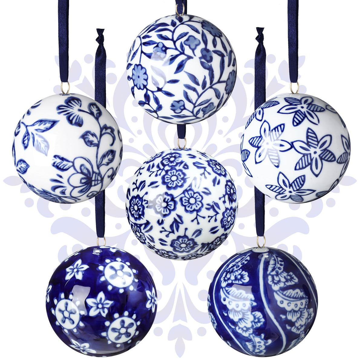 Blue and White Porcelain Christmas Balls, Set of 6 or 12