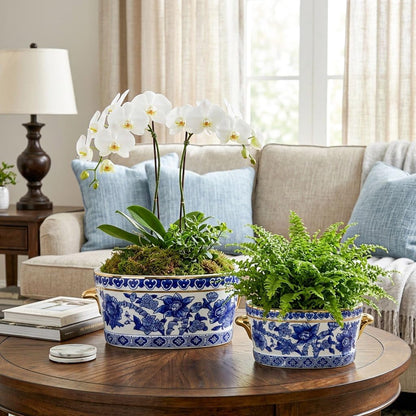 Blue Floral Oval Ceramic Cachepot, 10.6 in