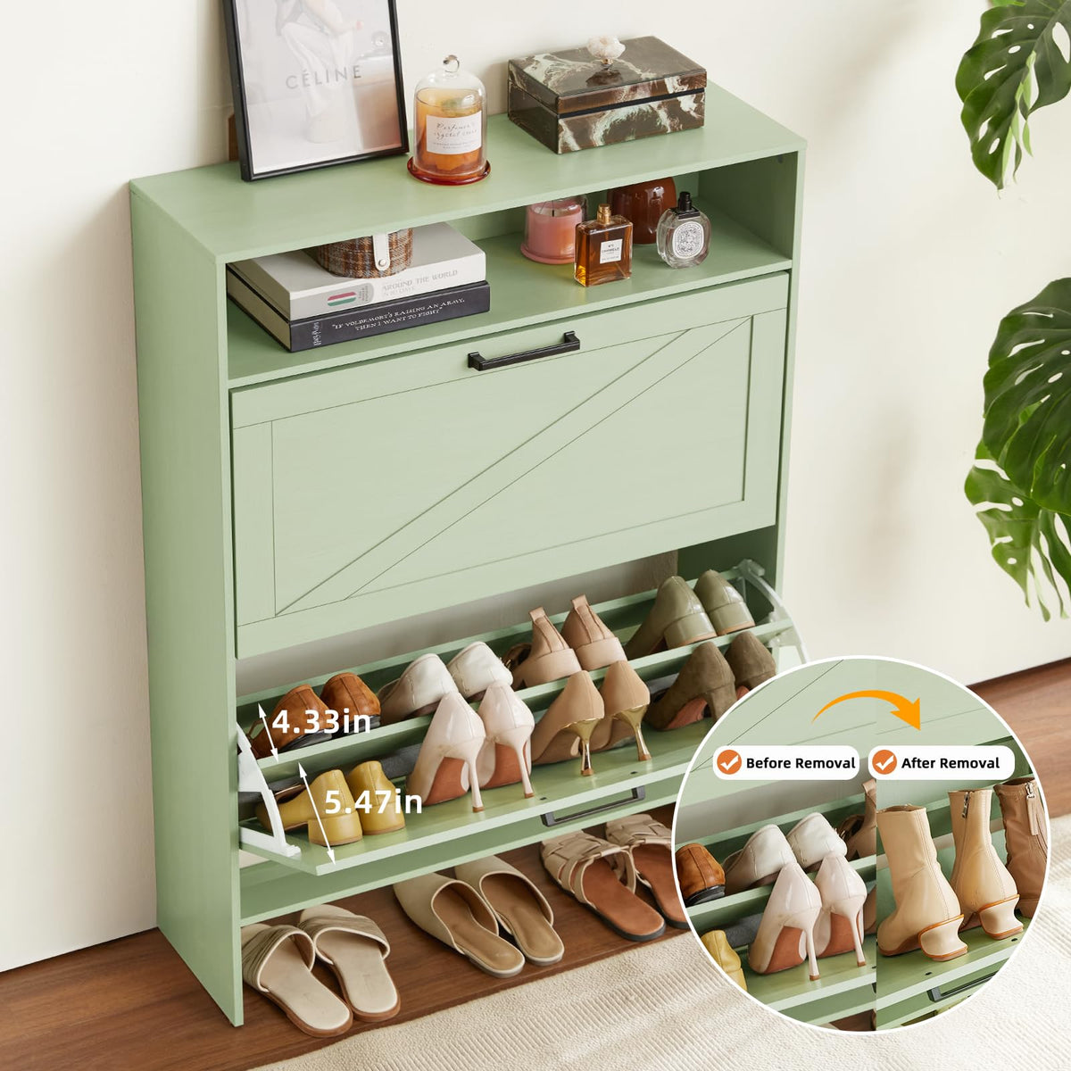 Blue Narrow Shoe Cabinet with 2 Flip Drawers