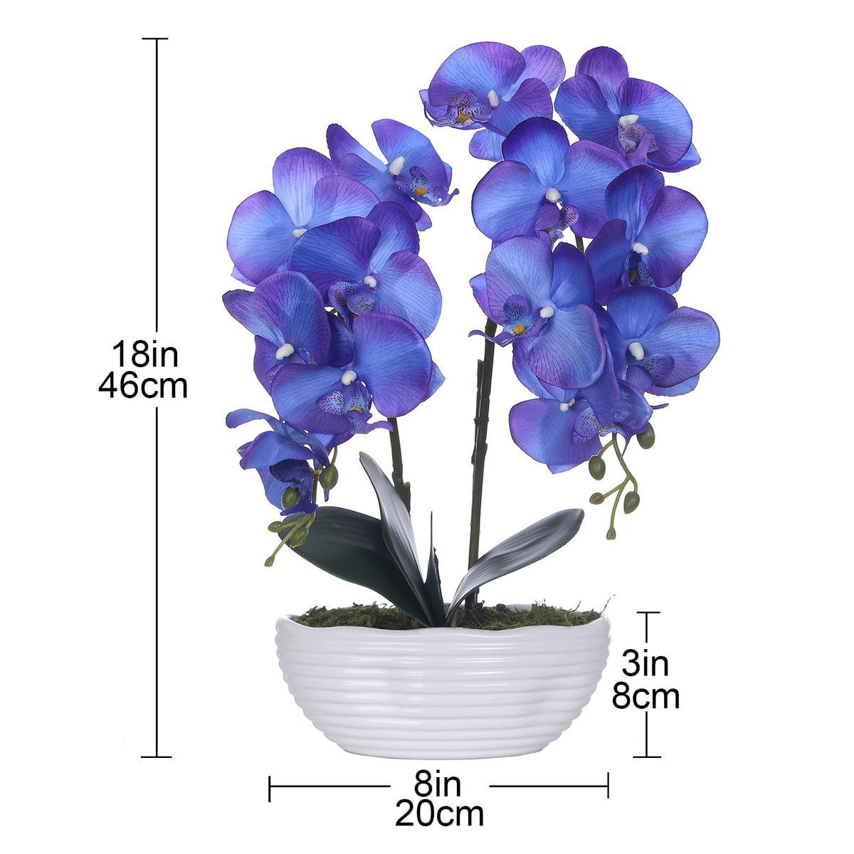 Faux Orchid in Navy Ribbed Ceramic Pot