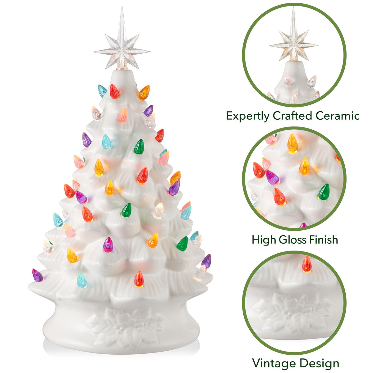 Hand Painted Ceramic Christmas Tree, 15 Inch Pre-Lit
