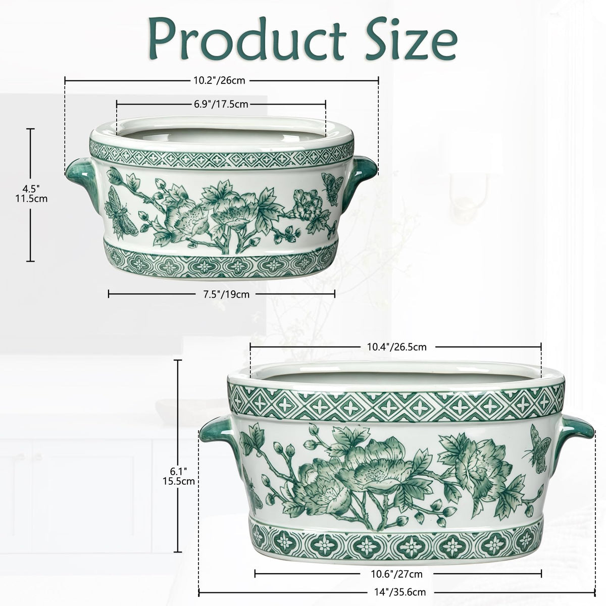 Blue Floral Oval Ceramic Cachepot, 10.6 in