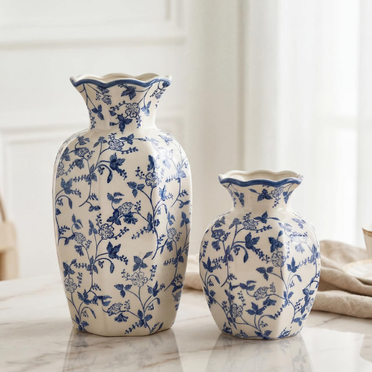 Set of 2 Blue and White Chinoiserie Vases
