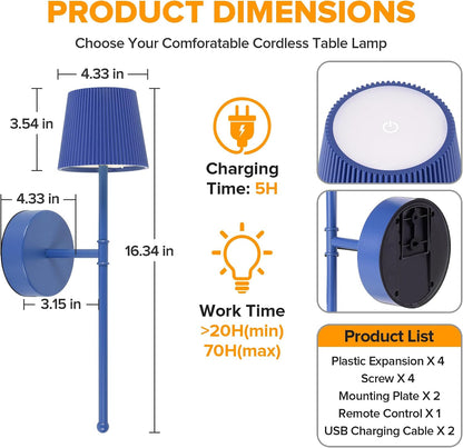 Blue Cordless Rechargeable Wall Sconces, Set of 2