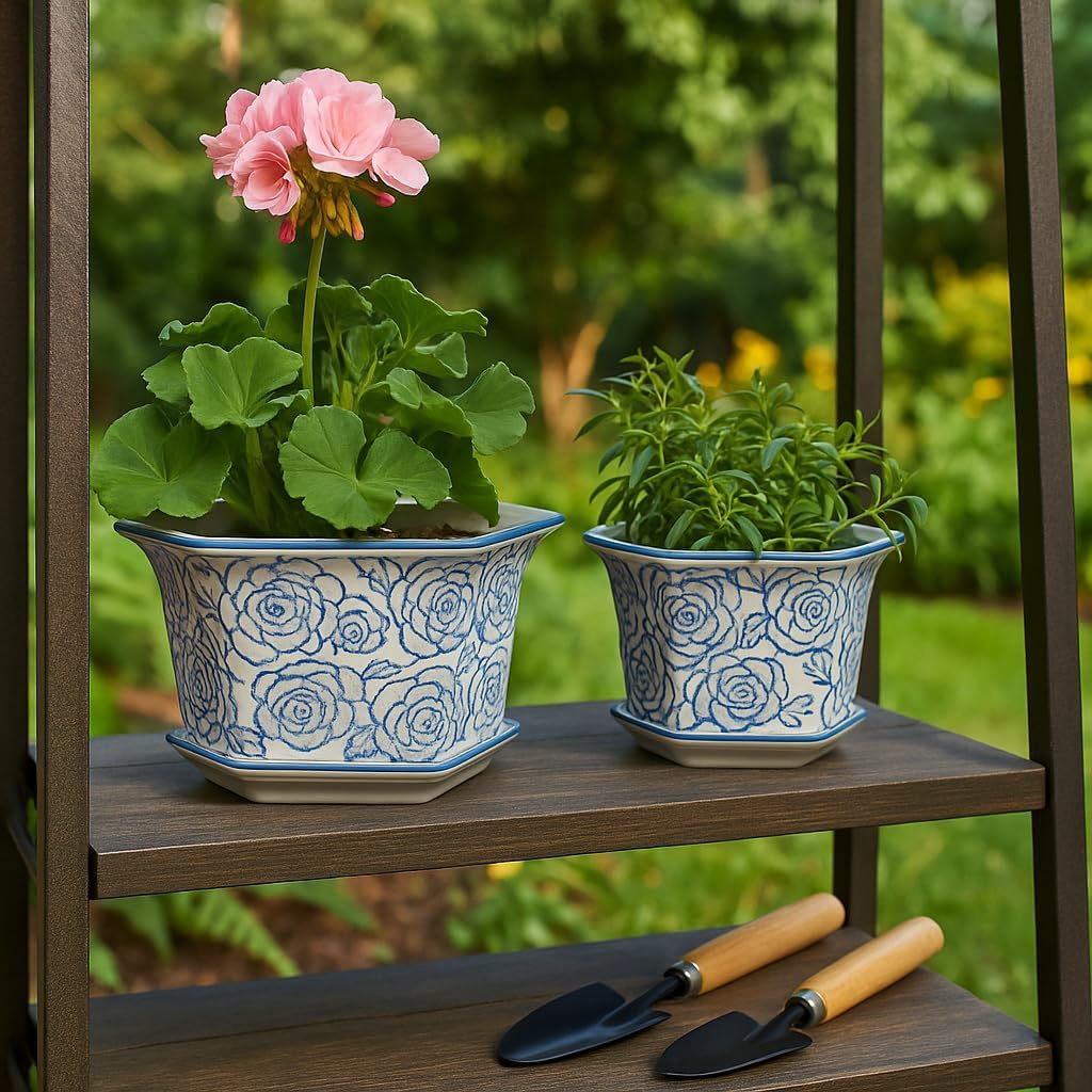 Blue and White Chinoiserie Planters with Saucers, Set of 2