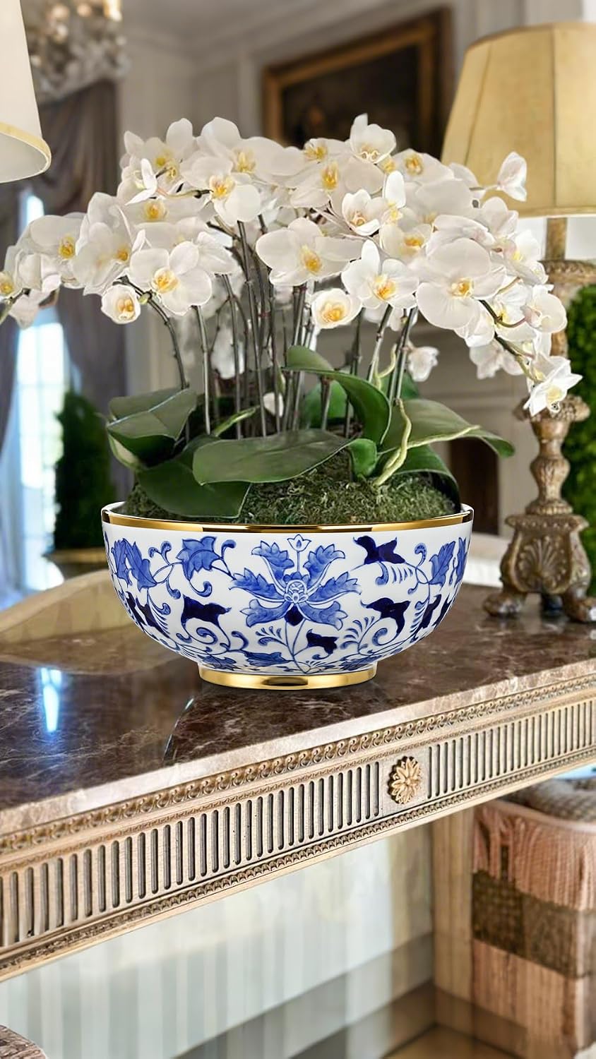 Blue and White Chinoiserie Bowl Planter, 9 Inch
