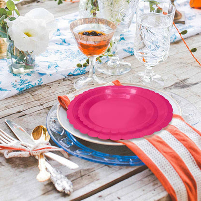 White Scalloped Paper Plates, Royal Blue Trim, 50 Pack