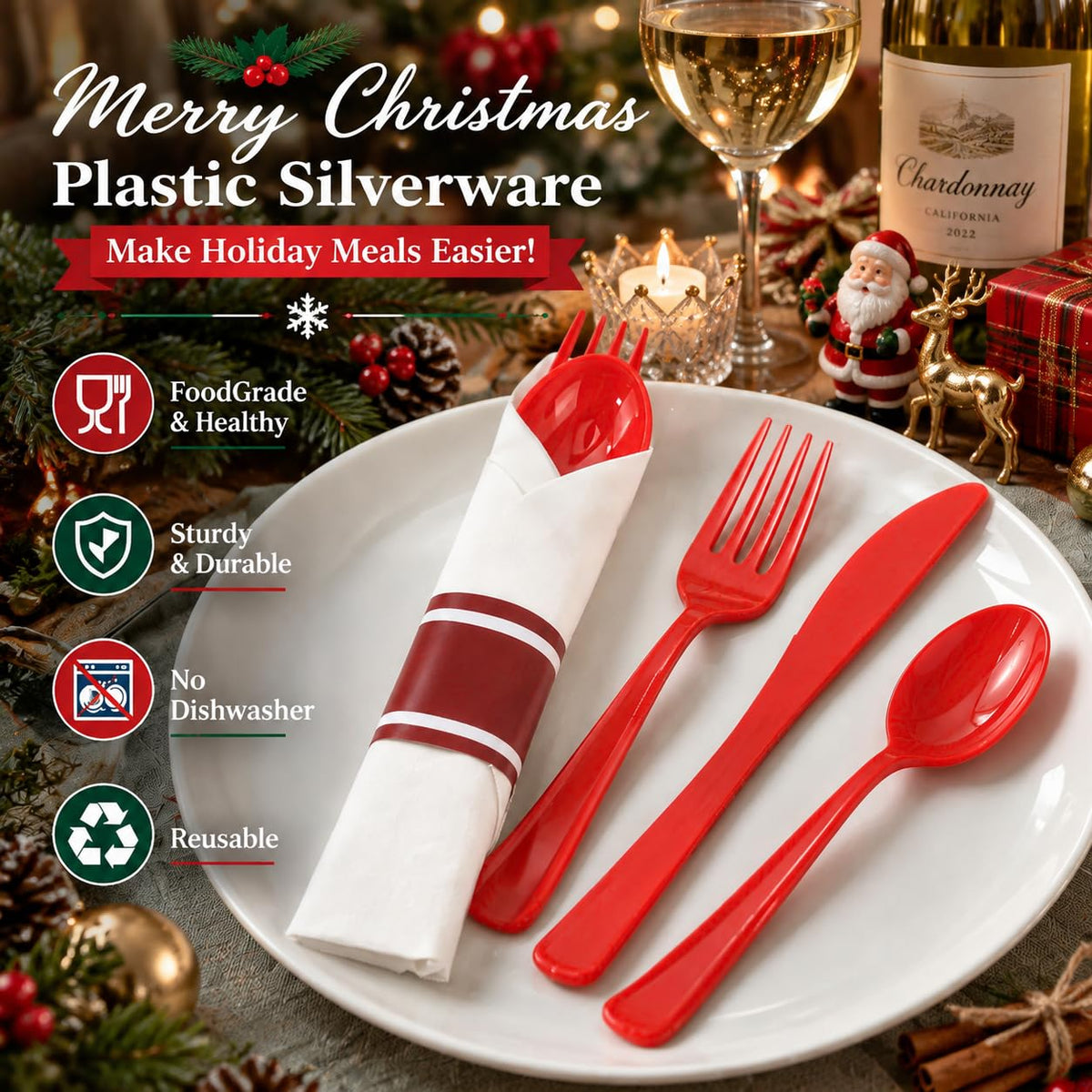 Pre-Rolled Blue Plastic Cutlery with Napkins, 100 Pack