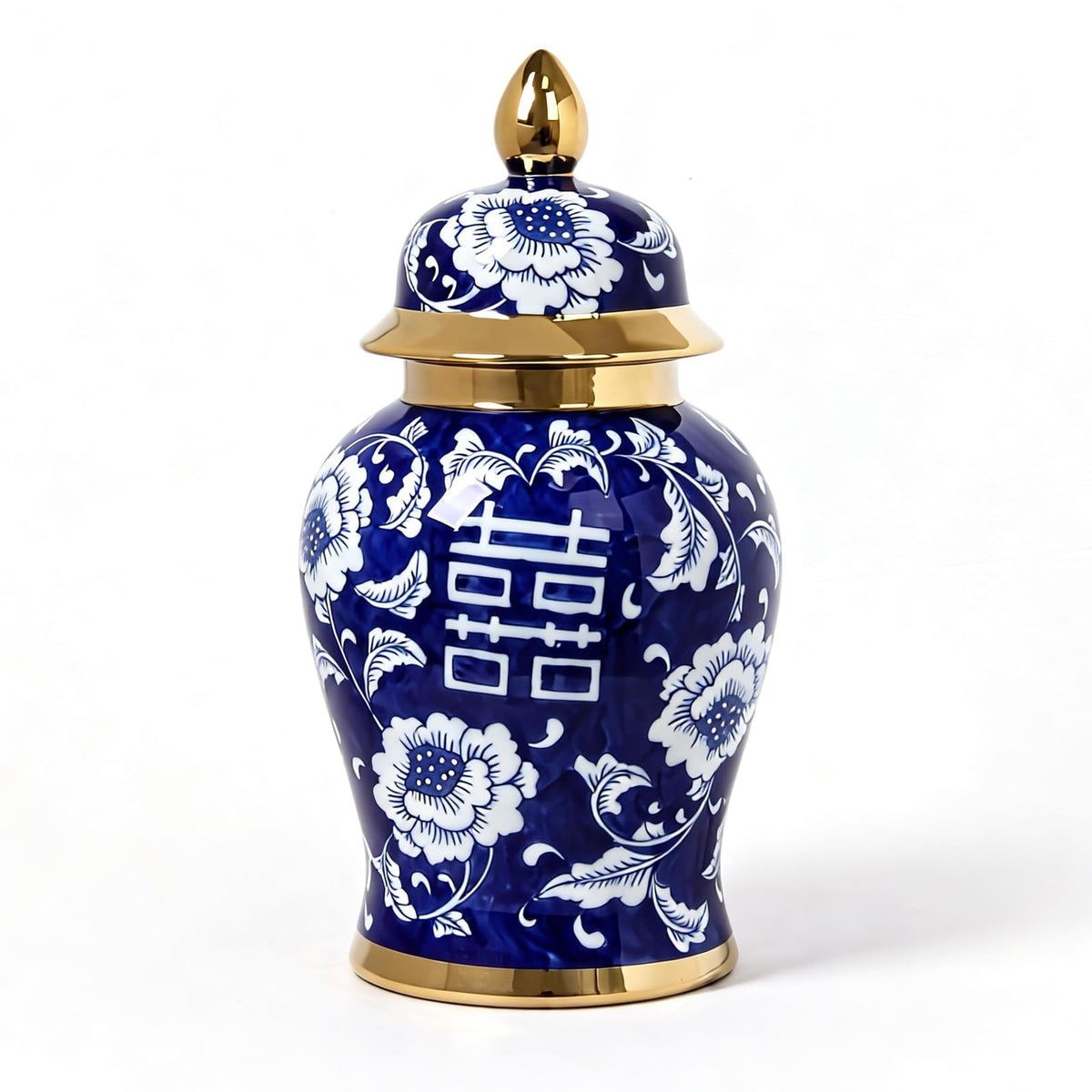 Blue and White Ginger Jar with Gold Trim, 14 Inch