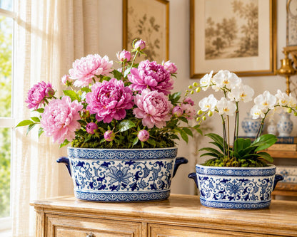 Blue Floral Oval Ceramic Cachepot, 10.6 in
