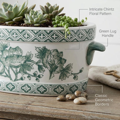 Blue Floral Oval Ceramic Cachepot, 10.6 in