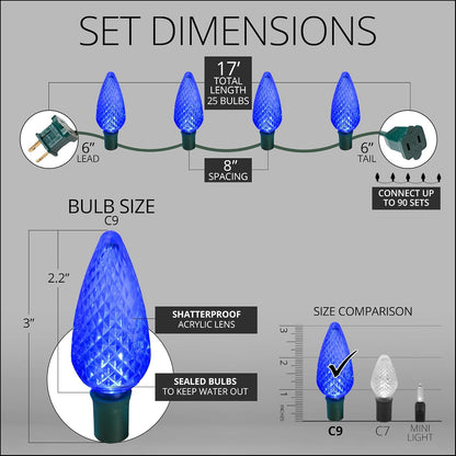 Blue C9 LED Christmas Light Set, 25 Bulbs