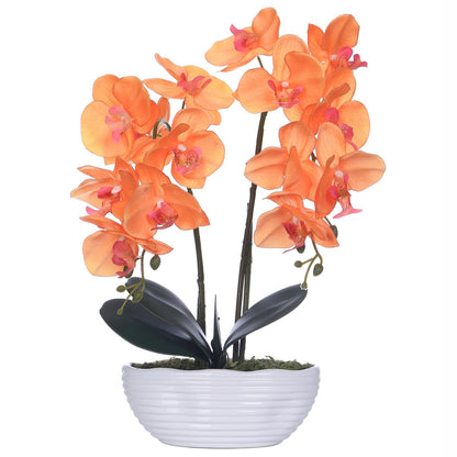 Faux Orchid in Navy Ribbed Ceramic Pot
