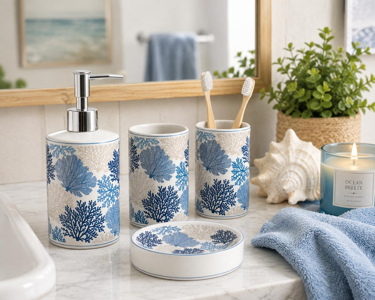 Blue and White Chinoiserie Bathroom Set, 4 Pieces