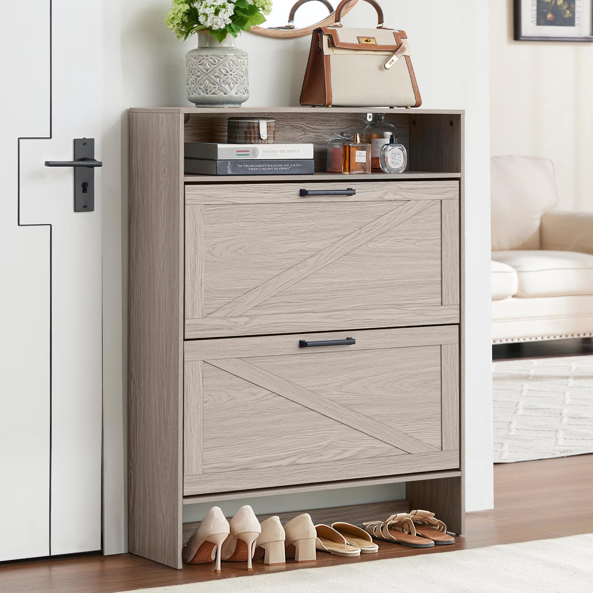 Blue Narrow Shoe Cabinet with 2 Flip Drawers