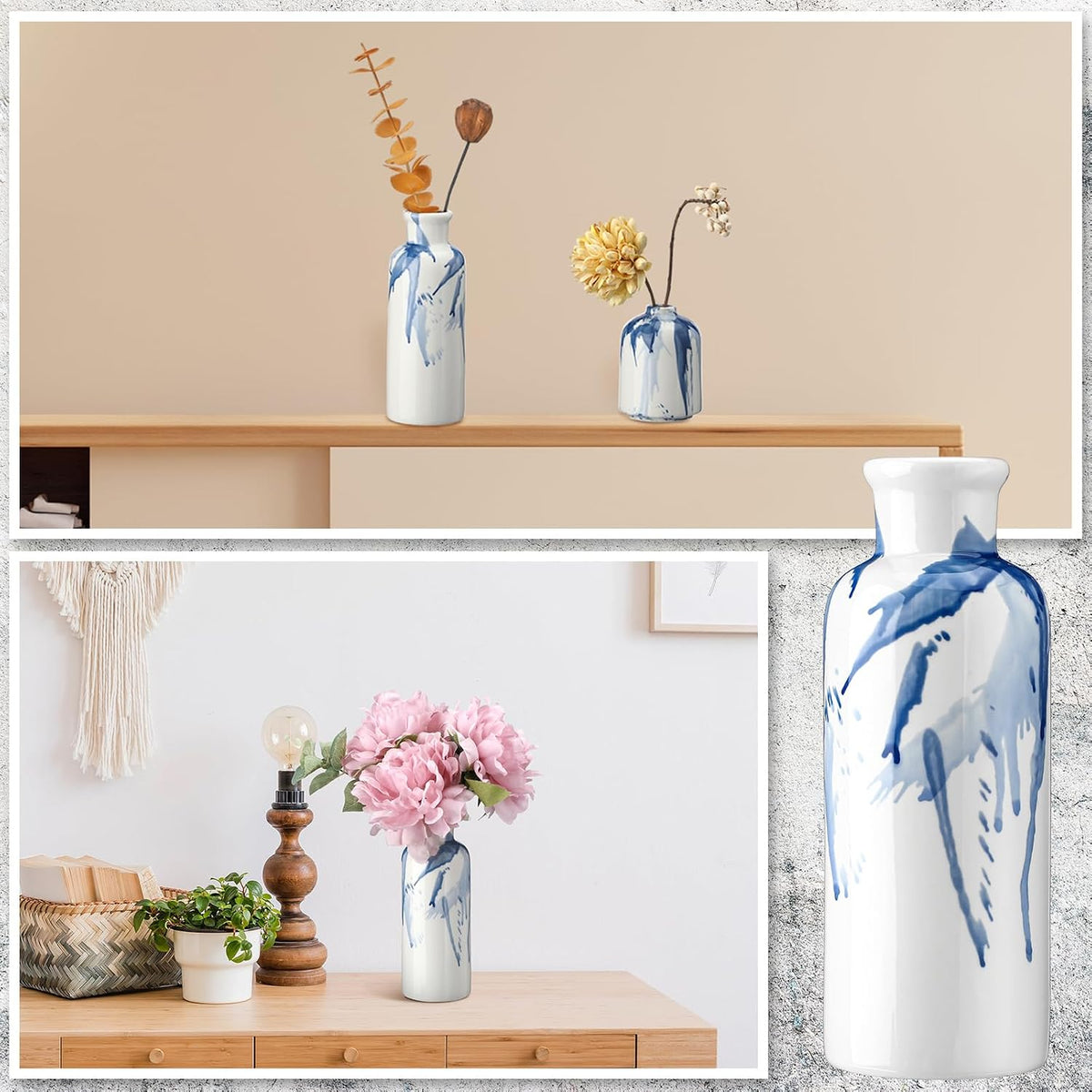 Blue and White Ink Splash Vases, Set of 3
