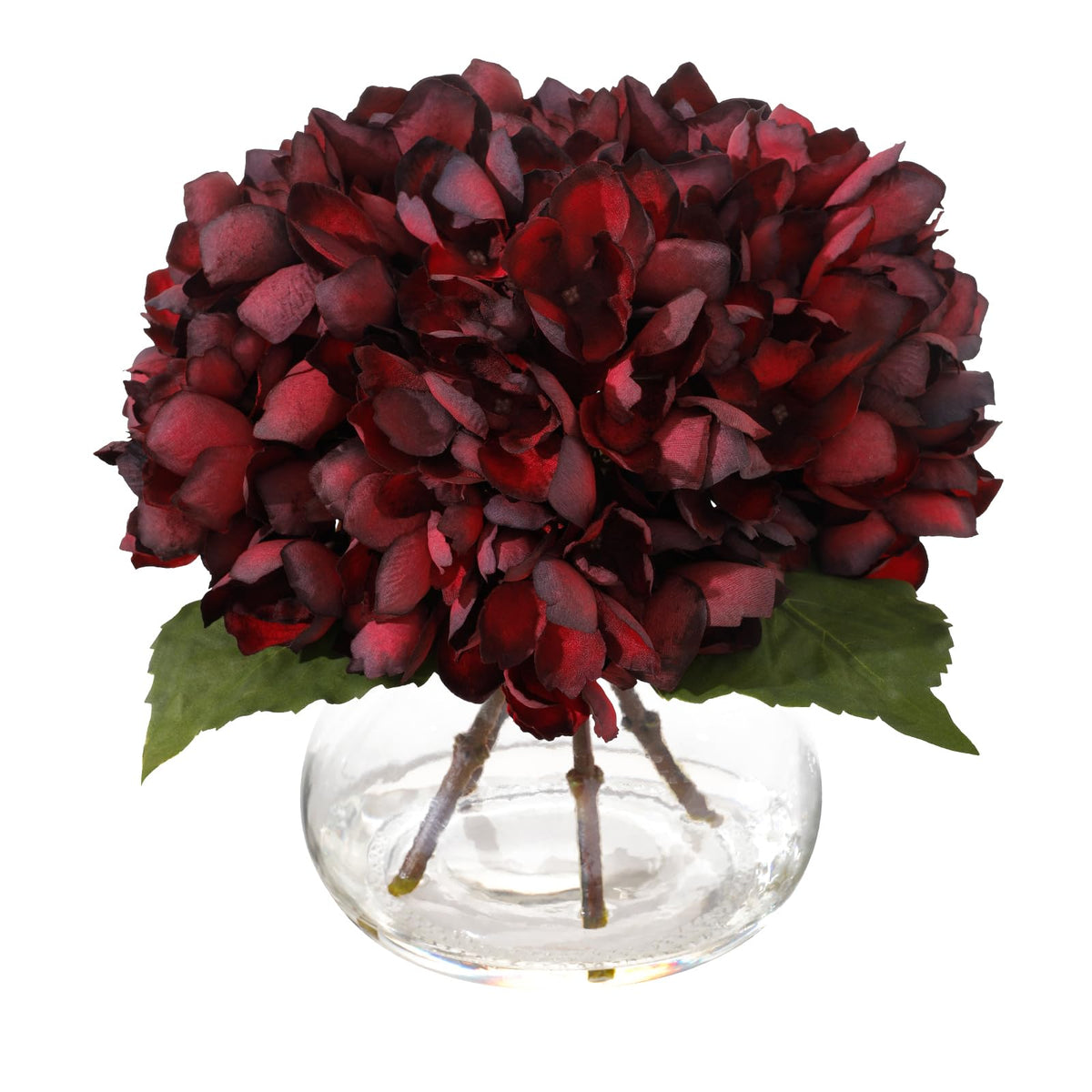 Blue Faux Hydrangea Arrangement in Glass Vase