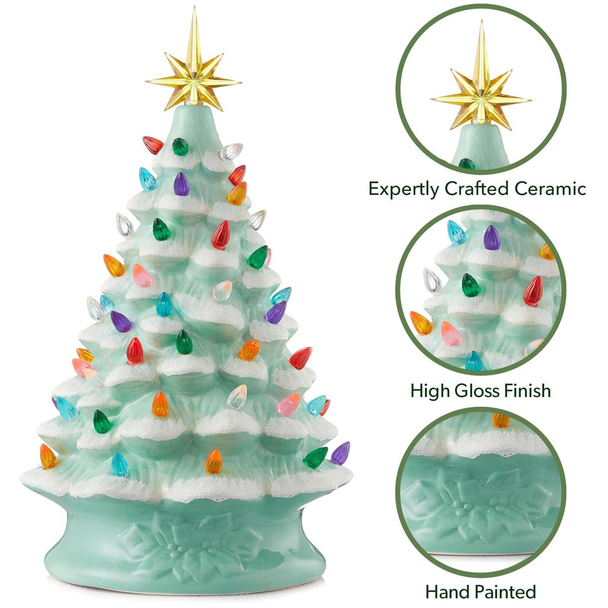 Hand Painted Ceramic Christmas Tree, 15 Inch Pre-Lit